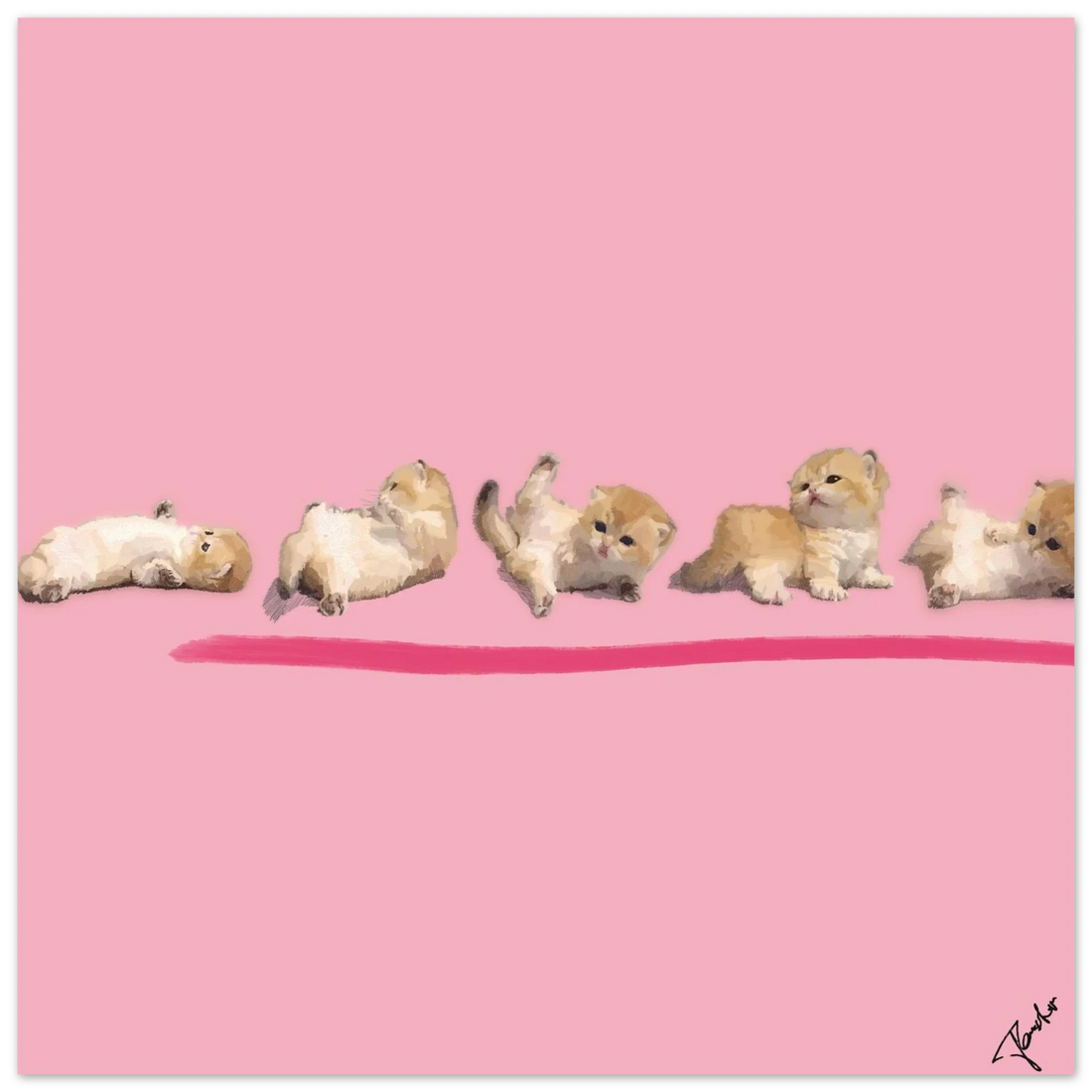 The Playful Line — cross-hatch illustration of golden kittens tumbling in play above a pink line by Paschar